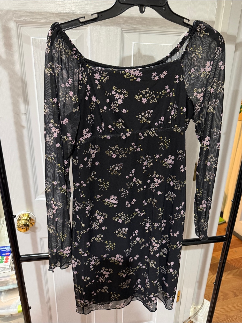 Black Floral Off-Shoulder Long Sleeve Dress